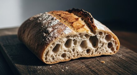 Sliced, crusty bread shows interior air pockets on rustic wood