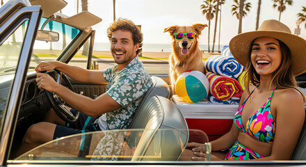 Couple and dog driving in convertible by the beach with palm trees. A fun, bright portrait of summer joy and relaxation. Coastal getaway, family vacation, carefree lifestyle.