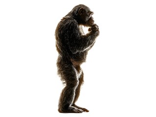 Fototapeta premium Side view of thoughtful chimpanzee standing and touching its chin in a bright white studio setting isolated.