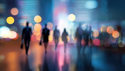 Blurry figures walking a city street at night