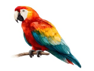 Naklejka premium An isolated watercolor painting depicts a beautiful scarlet macaw parrot perched upon a simple wooden branch.