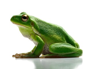 Obraz premium A vibrant green tree frog sits peacefully against a stark white background in a studio environment setting.