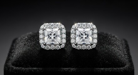 Square-cut diamond halo earrings sparkle on plush black velvet background