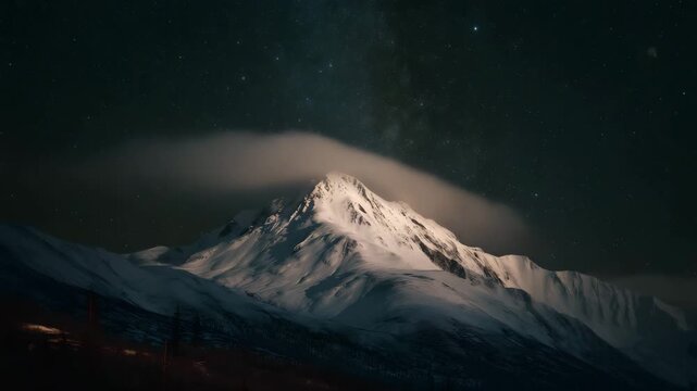 Cinematic Snowy Mountain at Night &ndash; Moonlit Peak, Cold Wind, Twinkling Stars, and Blowing Snow Particles