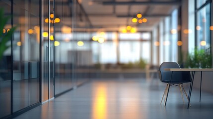 A blurred office interior featuring a chair and table with glass walls and overhead lighting fixtures