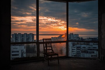 Abandoned room overlooking a city sunset