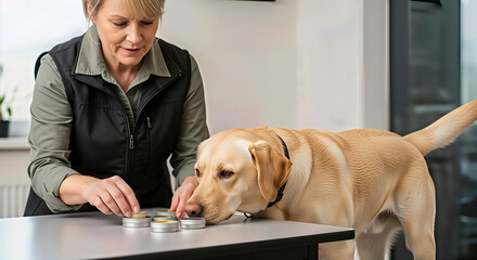 Trainer guiding Labrador Retriever during scent detection training with scent tins. A close-up, dedicated focus on canine learning. Professional dog training, obedience, animal behavior.