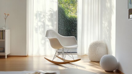 A bright room with a white rocking chair near a window and decorative pillows on the wooden floor