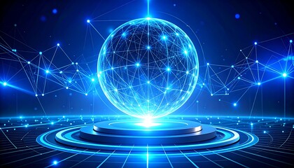 Global digital network sphere on a podium