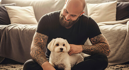 Bearded man sits on floor petting small dog. Affectionate close-up captures a tender moment. Pet ownership, friendship, canine companion.
