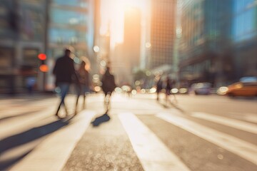 Blurry city street scene at sunrise