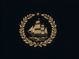 A golden sailing ship is encircled by a laurel wreath beneath a shining star on dark background.