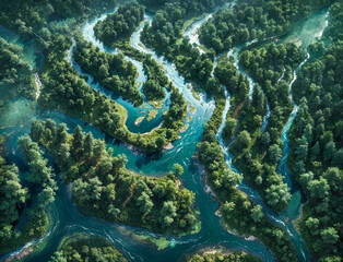 Aerial View of Serene River Flowing Through Lush Green Forest