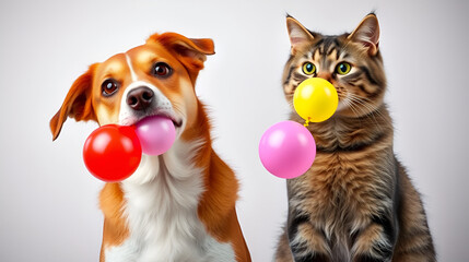 A dog and a cat are standing next to each other with balloons in their mouths