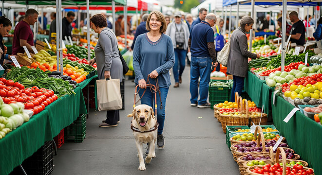 Woman with a service dog at a farmer's market, buying fresh produce. An eye-level shot of a happy customer with her guide dog.. Accessibility, healthy choices, community support.