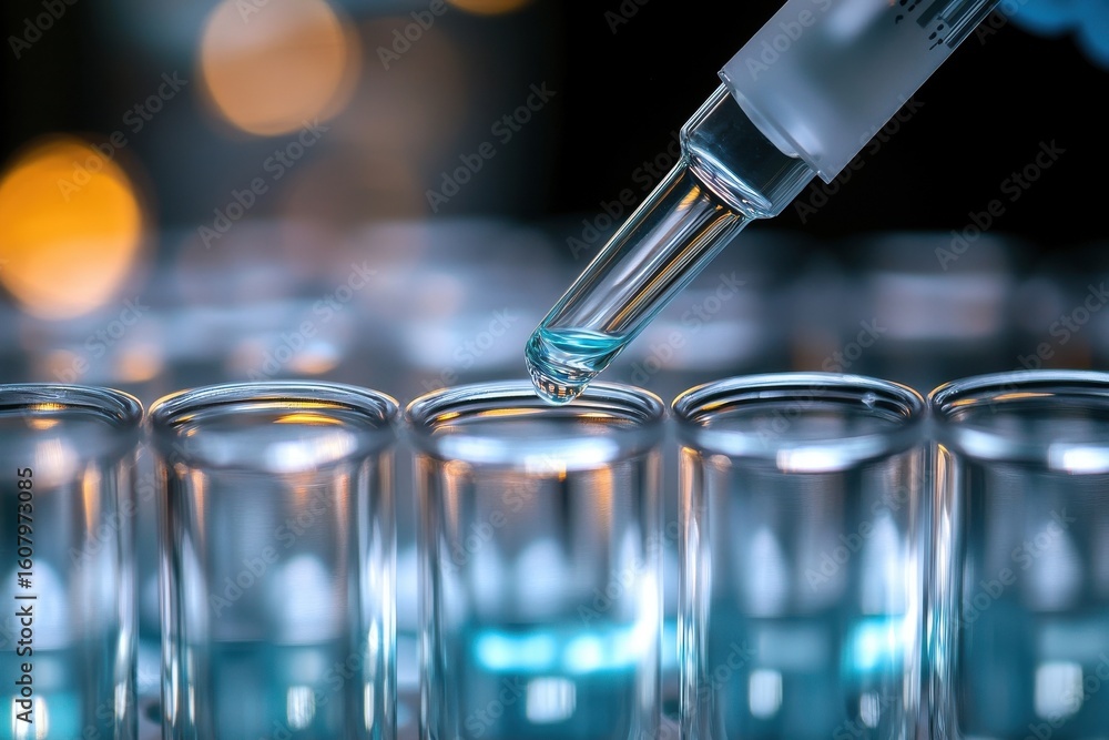 Poster a close up shot of a pipette dripping blue liquid into test tubes in a laboratory setting with bokeh