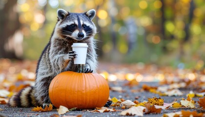 Funny Cute Raccoon With a Cup of Coffee on a Fall Autumn Day Posing by a Pumpkin. Generated image