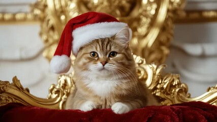 Cute kitten with Santa hat sitting on red velvet chair. - Powered by Adobe