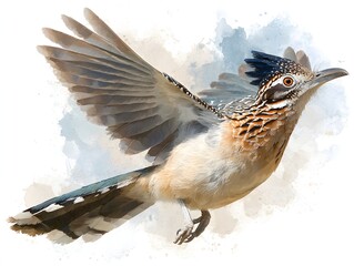 A roadrunner soars gracefully through the watercolor sky with its wings fully extended in mid-flight.