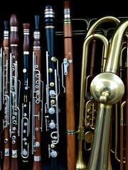Woodwind and brass instruments arranged neatly.