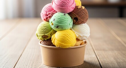 Towering ice cream scoops in a brown paper cup on wood