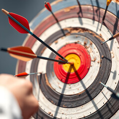 An arrow, shot by an archer, pierces the bullseye of a target, surrounded by other arrows, some hitting the target and others missing