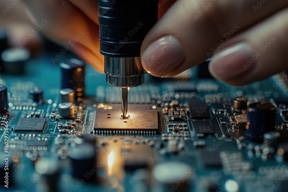 Poster a close up shot of a hand holding a tool over a circuit board with visible components and connectors