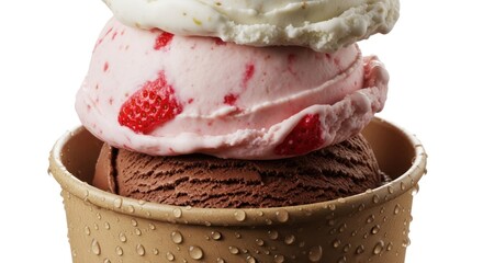 Trio of ice cream scoops in a cup, chocolate, strawberry, and vanilla