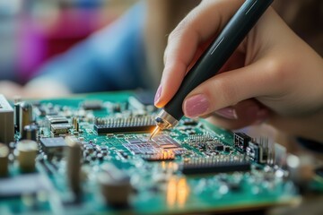 Fototapeta premium A close up of a hand soldering a green circuit board with a soldering iron in a bright environment