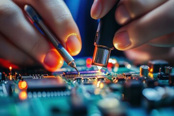 Close up of hands working on a circuit board with tools under a blue and orange light setup