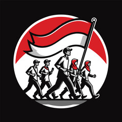 People are standing and walking carrying the Indonesian red and white flag celebrating Independence Day.