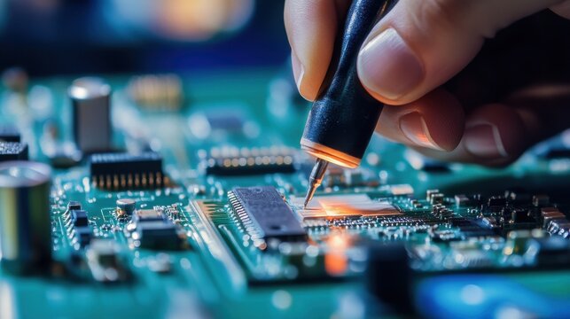 Close up of soldering iron in hand repairing circuit board with electronic components visible clearly - Powered by Adobe