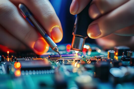 Close up of hands working on a circuit board with tools under a blue and orange light setup