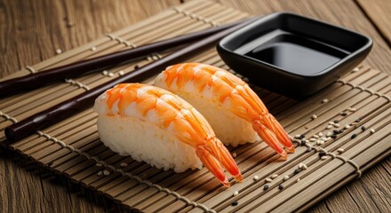 Two shrimp sushi nigiri lie with soy sauce on a bamboo mat