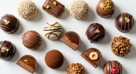 Varied chocolate truffles, cut & whole, lie on a white surface