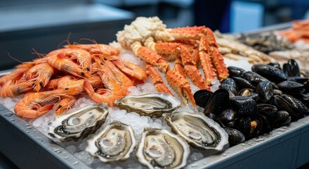 Varied seafood display of shrimps, crab legs, oysters, and mussels on ice