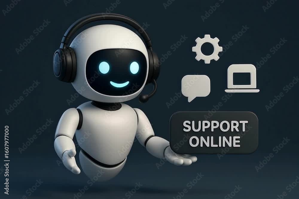 Poster a friendly robot assistant stands ready to provide support online, it projects helpfulness and servi