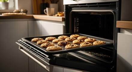 Warm cookies cooling on a tray pulled from the oven in a bright kitchen