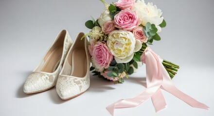 Wedding shoes & bouquet, white & pink roses, greenery, ribbon on white
