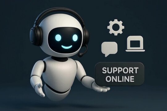 A friendly robot assistant stands ready to provide support online, it projects helpfulness and service. It gives confidence and assurance. customer support service