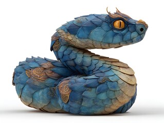 A fantastic blue snake figure with a unique scale pattern poses gracefully on a plain white background today.