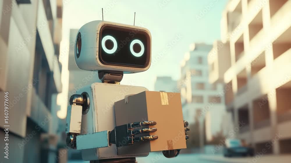 Poster futuristic robot delivery service in the city delivering a package with a digital interface