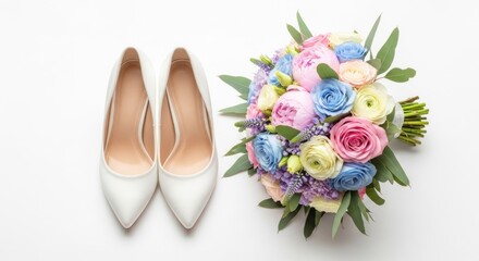 Wedding still life white shoes & bouquet with blue, pink, & yellow roses