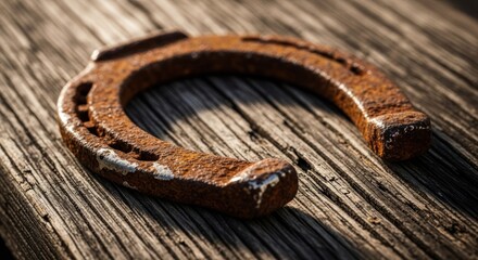 Weathered horseshoe rests upon weathered wood, bathed in sunlight