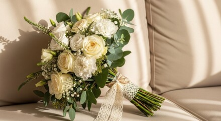 Wedding bouquet pale roses, greenery, lace, on creamy textured background