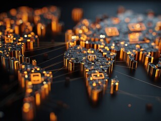 A digital world map composed of glowing, interconnected circuit elements