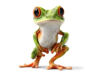 Obraz premium A whical frog figurine with bright orange eyes and green skin confidently poses on a white surface.