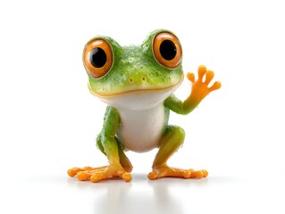 Obraz premium A bright green cartoon frog with big orange eyes waves hello while sitting on a reflective white surface.