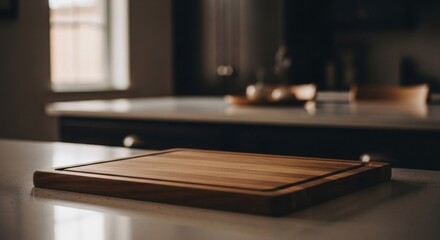 Wooden cutting board sits on a bright kitchen counter in shallow depth of field