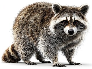 Naklejka premium A curious raccoon with detailed fur and distinctive mask peers directly forward against a clean white background.